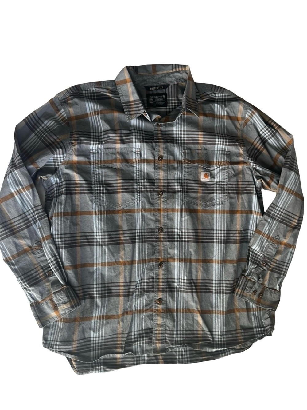 Carhartt Excellent Cond. Cotton Rugged flex Plaid Button-Down Shirt Gray Brown